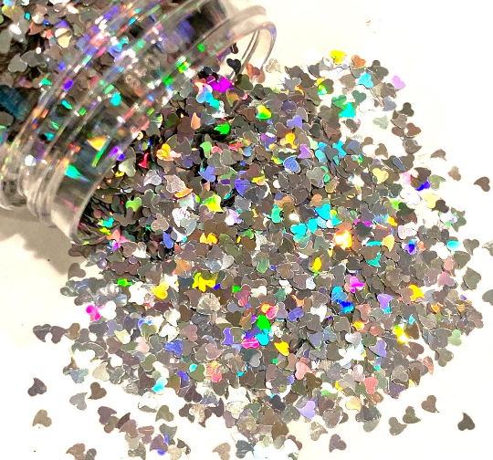 Silver Curved Hearts 4mm Holographic Glitter Shapes-1/2 oz. Jar / Opaque /  Nail Art